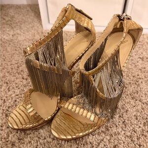B Brian Atwood Metallic Fringe Heels